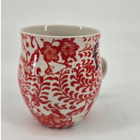 Anthropologie Monogram Initial "F" Homegrown Whimsical Floral Red Mug 14oz - Picture 2 of 10